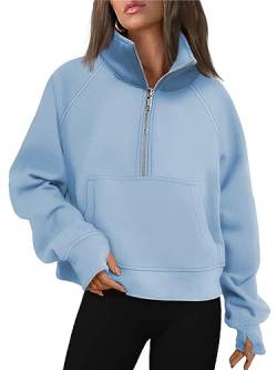 AUTOMET Damen-Sweatshirts, halber Reißverschluss, kurzer Pullover, Fleece, Viertelreißverschluss, Hoodies, Herbst-Outfits, Kleidung, Daumenloch, Hellblau, M von AUTOMET