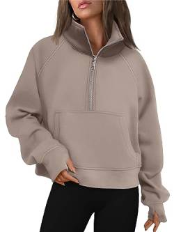 AUTOMET Damen-Sweatshirts, halber Reißverschluss, kurzer Pullover, Fleece, Viertelreißverschluss, Hoodies, Herbst-Outfits, Kleidung, Daumenloch, Kaffeegrau, XS von AUTOMET