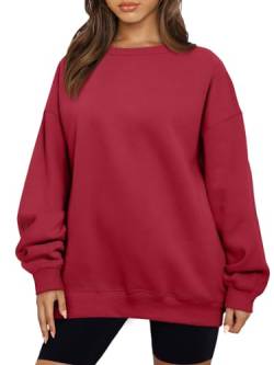AUTOMET Damen Sweatshirts Hoodies Fleece Rundhalsausschnitt Übergroße Pullover Pullover Pullover Casual Bequem Herbst Mode Outfits Kleidung 2023, Rot/Ausflug, einfarbig (Getaway Solids), L von AUTOMET