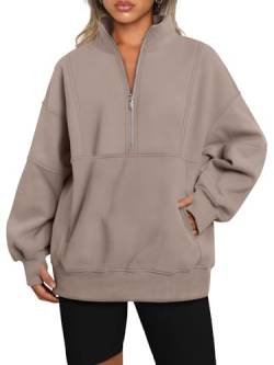 AUTOMET Damen-Sweatshirts mit halbem Reißverschluss und langen Ärmeln, Fleece, lässiger Pullover mit Taschen, Beige, L von AUTOMET