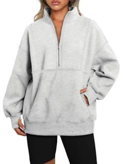 AUTOMET Damen-Sweatshirts mit halbem Reißverschluss und langen Ärmeln, Fleece, lässiger Pullover mit Taschen, GRAU, L von AUTOMET