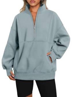 AUTOMET Damen-Sweatshirts mit halbem Reißverschluss und langen Ärmeln, Fleece, lässiger Pullover mit Taschen, Graugrün, M von AUTOMET