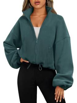 AUTOMET Damen Zip Up Hoodies Übergroße Sweatshirts Langarm Crop Sherpa Herbst Outfits Mode Kleidung 2023, Grün , L von AUTOMET