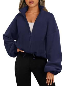 AUTOMET Damen Zip Up Hoodies Übergroße Sweatshirts Langarm Crop Sherpa Herbst Outfits Mode Kleidung 2023, Marineblau, S von AUTOMET