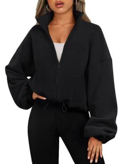 AUTOMET Damen Zip Up Hoodies Übergroße Sweatshirts Langarm Crop Sherpa Herbst Outfits Mode Kleidung 2023, Schwarz, L von AUTOMET