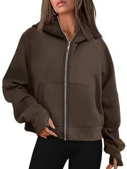 AUTOMET Womens Zip Up Cropped Hoodies Fleece Oversized Sweatshirts Full Zipper Jacken Y2k Herbst Kleidung 2023 Mode Outfits, Kaffee, XL von AUTOMET