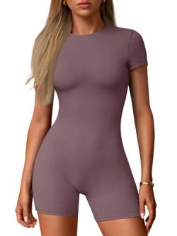 AUTOMET Workout Strampler Einteiler Bodysuit Für Frauen Yoga Einteiler Jumpsuits High Neck Kurzarm, Muskatnuss, Small von AUTOMET