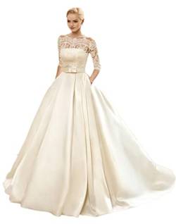 AUTTOGirl Bescheiden Hochzeitskleider Halbe Ärmel Spitze Satin Ballkleid Brautkleider Verneigung Gürtel Hochzeitskleid Elfenbein 40 von AUTTOGirl