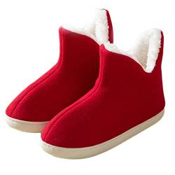 AUXDIQ Hausschuhe Damen Herren Plüsch Gefüttert Winter Strick Hausstiefel rutschfest Pantoffeln Stiefel Schuhe Drinnen und Draußen Rot 39/40 EU von AUXDIQ