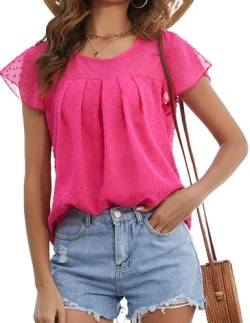 AVAYUU Damen Blusen Chiffon Tops Kurzarm Swiss Dot Bluse Elegant Rundhals Falten Tunika Oberteile Sommer Einfarbig Casual Shirt Blusentop M-3XL von AVAYUU