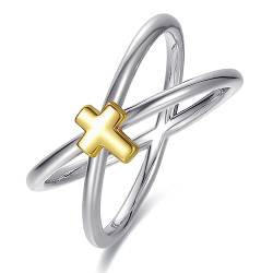 AVECON 10mm Breit Silber Ring für Frauen Herren Crisscross X und Kreuz 14 Karat Gold Plattiert, Größe 49.3/15.7 von AVECON