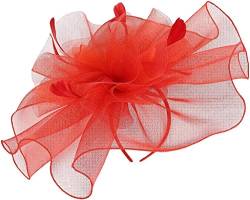 Damen-Fascinator, Federn-Teeparty-Hut, Schleier-Stirnband mit Haarspange, Blumen-Haarspange, Facinator, weißes Kopftuch (Color : Red, Size : One Size) von AVFORA