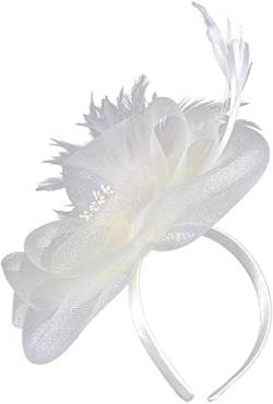 Mesh-Damen-Fascinators, Federn-Teeparty-Hut, Schleier-Stirnband mit Haarspange, Haar-Accessoire, Fasinators-Stirnbänder (Color : White, Size : One Size) von AVFORA