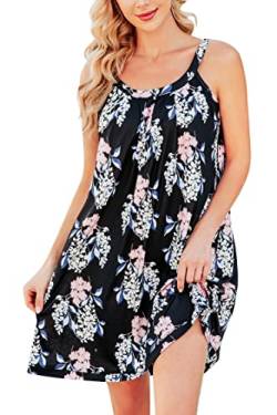 AVIIER Frauen Baumwolle ärmellose Tank Nachthemden breite Riemen Chemise voller Slip Schlaf kleid, Schwarze Blume, Large von AVIIER