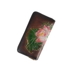 AVLUZ Damen-Geldbörse aus echtem Leder, Vintage-Lotusblätter-Prägung, Clutch-Geldbörse, handgefertigtes Kreditkartenetui aus Rindsleder (Color : B) von AVLUZ