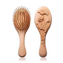AVLUZ Haarbürste, Massagekamm aus Holz mit Lotusblüten- und Blattschnitzerei, entwirrende, antistatische Haarbürste, Luftkissen-Massagebürsten von AVLUZ