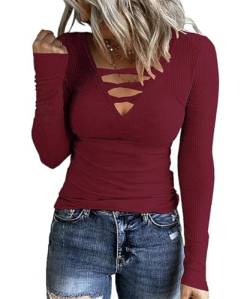 AVOZAL Damen Langarmshirt V Ausschnitt Henley Shirt Tunika Strick Pullover Herbst Winter Sexy Slim Oberteil Basic Bluse Tops(XL，Dunkelrot) von AVOZAL