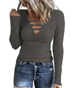 AVOZAL Damen Langarmshirt V Ausschnitt Henley Shirt Tunika Strick Pullover Herbst Winter Sexy Slim Oberteil Basic Bluse Tops(XXL，Dunkelgrau) von AVOZAL