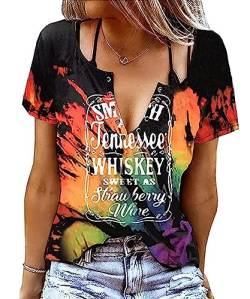 AVOZAL Sommer Oberteile Damen Sexy V Ausschnitt Tshirt Schwarz Country Kurzarm Shirts Casual Tunika Bluse Tops Elegant Ringloch Tees (L, Mehrfarbig) von AVOZAL