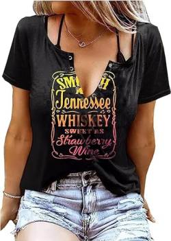 AVOZAL Sommer Oberteile Damen Sexy V Ausschnitt Tshirt Schwarz Country Kurzarm Shirts Casual Tunika Bluse Tops Elegant Ringloch Tees (M, Schwarz-1) von AVOZAL