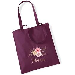 AWASG Bedruckte Einkaufstasche Blumenmotiv mit eigenem Namen | große Stofftasche Baumwolle | Personalisierter Stoffbeutel Damen Mädchen(burgund) von AWASG