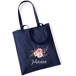AWASG Bedruckte Einkaufstasche Blumenmotiv mit eigenem Namen | große Stofftasche Baumwolle | Personalisierter Stoffbeutel Damen Mädchen(dunkelblau) von AWASG
