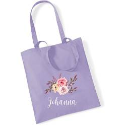 AWASG Bedruckte Einkaufstasche Blumenmotiv mit eigenem Namen | große Stofftasche Baumwolle | Personalisierter Stoffbeutel Damen Mädchen(lavendel) von AWASG