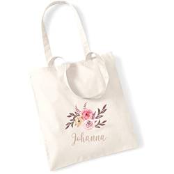 AWASG Bedruckte Einkaufstasche Blumenmotiv mit eigenem Namen | große Stofftasche Baumwolle | Personalisierter Stoffbeutel Damen Mädchen(natur) von AWASG