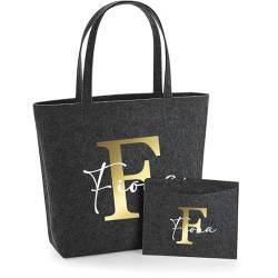 AWASG Filztasche Damen-Tasche mit kleinem Etui - Bedruckt und Personalisiert mit Buchstabe Monogramm Name - Shopper Geschenk für Sie (dunkelgrau) von AWASG