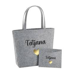 AWASG Filztasche Damen-Tasche mit kleinem Etui - Bedruckt und Personalisiert mit Herz Name - Shopper Geschenk für Sie (hellgrau) von AWASG