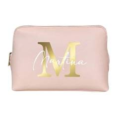 AWASG Kosmetiktasche Buchstabe Monogramm - Personalisiert mit Name - Schminktasche Beauty Bag für Make-up - Kunstleder L (25x16x10.3 cm) (rosa) von AWASG