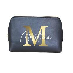 AWASG Kosmetiktasche Buchstabe Monogramm - Personalisiert mit Name - Schminktasche Beauty Bag für Make-up - Kunstleder L (25x16x10.3 cm) (schwarz) von AWASG