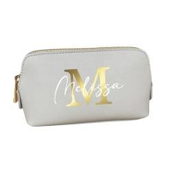 AWASG Kosmetiktasche Buchstabe Monogramm - Personalisiert mit Name - Schminktasche Beauty Bag für Make-up - Kunstleder M (18x11x4.5 cm) (grau) von AWASG