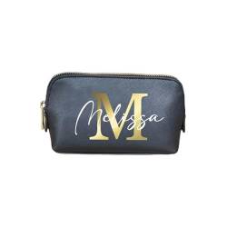 AWASG Kosmetiktasche Buchstabe Monogramm - Personalisiert mit Name - Schminktasche Beauty Bag für Make-up - Kunstleder M (18x11x4.5 cm) (schwarz) von AWASG