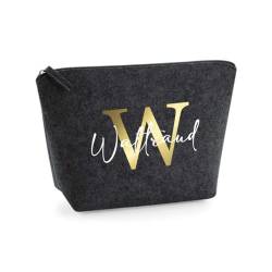 AWASG Kosmetiktasche Filz Buchstabe Monogramm - Personalisiert mit Namen - Schminktasche Beauty Bag - Geschenk Mama Beste Freundin - S (16 x 12,5 x 6 cm) (dunkelgrau) von AWASG