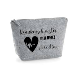 AWASG Kosmetiktasche Filz - Personalisiert mit Namen - Schminktasche Beauty Bag -Geschenk Krankenschwester mit Herz - (hellgrau) von AWASG