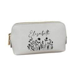 AWASG Kosmetiktasche Make-up Bag - Personalisiert mit Name - Schminktasche Floraler Print Blumen - Kulturtasche Mädchen Damen - M (18 x 11 x 4,5 cm) (grau) von AWASG