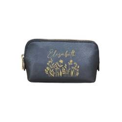 AWASG Kosmetiktasche Make-up Bag - Personalisiert mit Name - Schminktasche Floraler Print Blumen - Kulturtasche Mädchen Damen - M (18 x 11 x 4,5 cm) (schwarz) von AWASG
