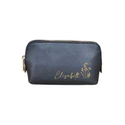 AWASG Kosmetiktasche Make-up Bag - Personalisiert mit Name - Schminktasche mit Blumen - Kulturtasche Mädchen Damen - M (18 x 11 x 4,5 cm) (schwarz) von AWASG