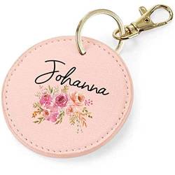AWASG Schlüsselanhänger personalisiert mit Namen und Blumen | Taschenanhänger Accessoire rund mit Ring und Karabiner in gold | Geschenk Damen Kinder Mädchen(rosa) von AWASG