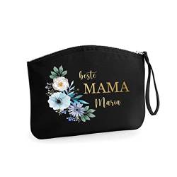 Schminktasche blaues Blumenmotiv 'Beste Mama' | Personalisierte Kosmetiktasche Reiseetui | Geschenk Muttertag Oma Beste Freundin L (28x22 cm) (schwarz) von AWASG