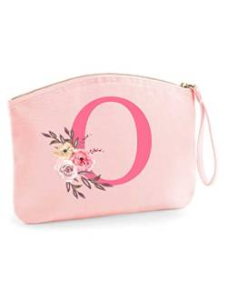 Schminktasche mit rosa Blumen und Monogramm | Personalisierte Kosmetiktasche Reiseetui Ordnungshüter Mädchen Damen L (28x22 cm) (rosa) von AWASG