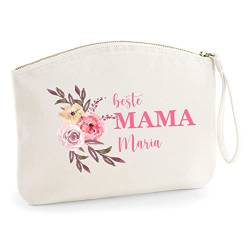 Schminktasche rosa Blumenmotiv 'Beste Mama' | Personalisierte Kosmetiktasche Reiseetui | Geschenk Muttertag Oma Beste Freundin L (28x22 cm) (beige) von AWASG