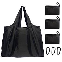 AWAVM Wiederverwendbare Einkaufstasche, wasserdichte Einkaufstasche, zusammenklappbare Einkaufstasche in Tasche, waschbar, mit befestigter Tasche, langlebig und leicht, 3 Stück, Schwarz von AWAVM