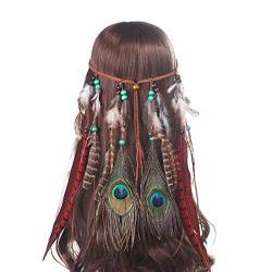 AWAYTR Damen Hippie Boho Indianer Stirnband Feder Stirnbänder für Abendkleider Halloween Karneval, Rot, Einstellbar von AWAYTR