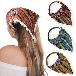 AWAYTR Elastisches Haarband mit Blumenmuster, Chiffon, Kopftuch, Stirnband, Blumen-Haarschals, mit Haarspangen, Haarbandanas, Fransenbesatz, 1 Count (Pack of 3) von AWAYTR