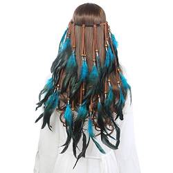 AWAYTR Feder Kopfschmuck Boho Hippie Stirnband - Fancy Federschmuck Böhmische Kopfbedeckung Quaste für Damen Mädchen Karneval Kopfschmuck, Blau, Einheitsgröße von AWAYTR