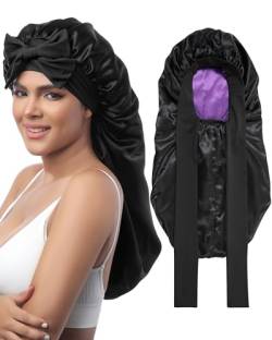 AWAYTR Lange Satin-Haube zum Schlafen – Doppellagige wendbare Seidenhaube für langes Haar Frauen Schlafmütze mit Bindeband, schwarz/violett, Einheitsgröße von AWAYTR