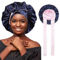 Satinhaube Seide Haarhauben für schwarze Frauen lockige Haarwickel zum Schlafen Kappe Wendehaube mit Bindeband Nachtkappe (Doppellagige Satinhaube (Marineblau + Rosa) von AWAYTR