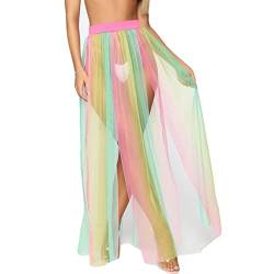 AWOCAN Damen Strand-Bikini-Kleid mit seitlichem Schlitz, Maxi-Langrock, durchsichtig, Sarong umwickelt, Regenbogen, mehrfarbiges Kleid für Sommer, Schwimmen, mehrfarbig, 34 von AWOCAN